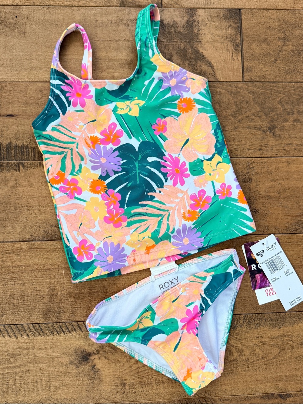 NWT 💎 Roxy Girls Floral Green Tropical Tankini with Pink & Yellow Accents | 4